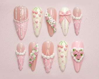 Valentine Cherry Pink Press On Nails, Romantic Floral Bow Heart Pearl 3D Nails, Pink Coquette Nail Art, Elegant Nails for Dating, Party