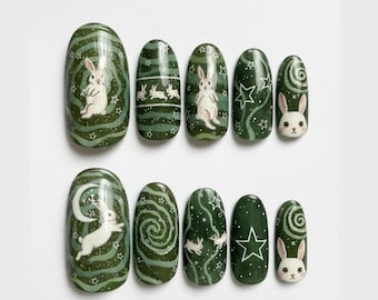 Forest Bunny Night Press On Nails, Hand-Painted Green Rabbit Nails with Stars, Whimsical Swirls Nail Art, Fairycore Aesthetic Almond Nails
