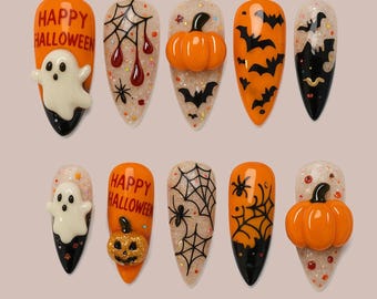 Spooky Halloween Bat Pumpkin Press On Nails, 3D Nail Art, Halloween Party, Glitter Press-On Nails with Witch, Gothic Nails Art