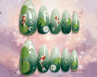 Koi Fish Lotus Painting Press on Nails, Nature Landscape Press On Nail, Cottage Garden Nail Set, Water Floral Nail Art