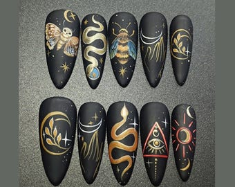 Mystic Moon Serpent Nail Art, Halloween Nail, Witchy Celestia Press On Nails, Occult Gothic Press On Nails, Dark Astrology Nail Art