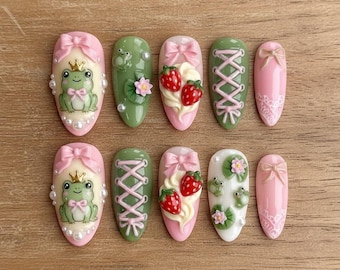 Cute Fairy Frog Princess Nail Art, Strawberries Bows Press On Nails, Pastel Cottagecore Frog Nail