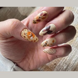 Fox Nails, Coquette Style, Autumn Press On Nails, Bowtie Nail, Christmas Tree Nail Art, Elegant Holiday Nails, Fake Nails for Holiday Party image 3