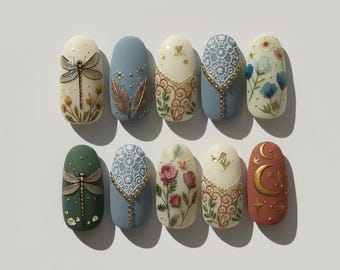 Hand-Painted Dragonflies Nail, Renaissance Style, Wildflowers Nail Art, Spring Garden Nail, Sculptural Insect Art