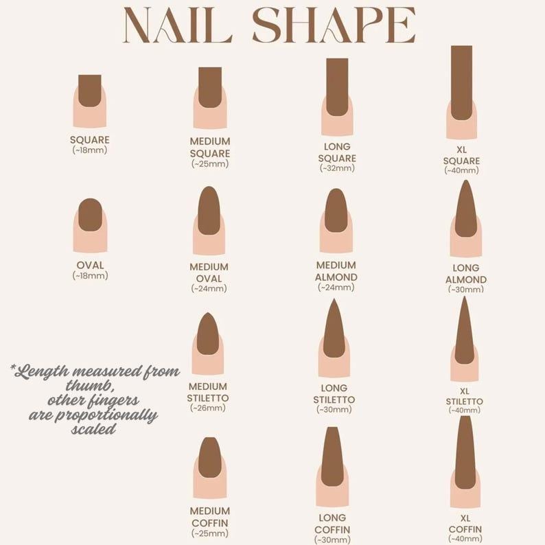 May include: A guide to nail shapes, such as square, oval, almond, stiletto, and coffin, with lengths in millimeters. The image features the text "NAIL SHAPE". Length is measured from the thumb, with other fingers scaled accordingly.