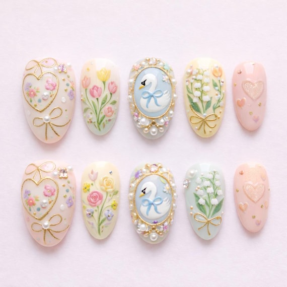 Elegant Swan Garden Press-On Nails, Hand-Painted Pastel Florals, Pearls, Vintage Fairytale Romantic Nail Set