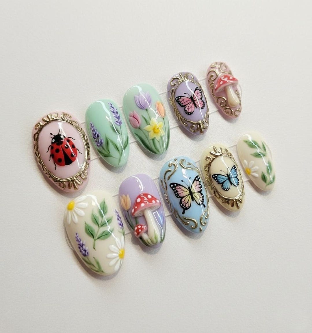 Cottagecore Spring Butterfly Nails, Pastel Garden Flowers, Magical ...
