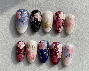 Cherry Blossom Press On Nails, Sakura Floral Nail Art, Flower Aesthetic Nails, Hand Painted Spring Flowers, Elegant Almond Fake Nails