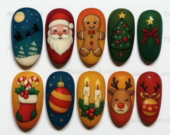 May include: A collection of ten Christmas-themed nail art designs. Each nail features a different festive illustration, including Santa Claus, a gingerbread man, a Christmas tree, and reindeer. The designs are painted on oval-shaped nails.