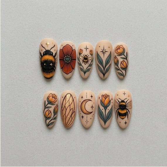 Handmade Bee Wildflower Press On Nails, Botanical Bumblebee Nail Art, Vintage Almond Floral Nails, Cottagecore Nature Nails