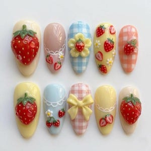 Kawaii Strawberry Press On Nails, Cute Pastel Strawberry Nails, 3D Fruit Nail Set, Gingham Picnic Nails, Cottagecore Summer Nails image 1