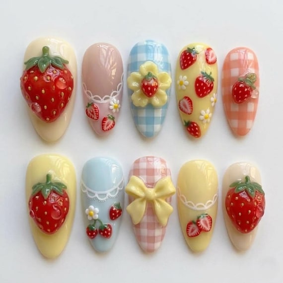 Kawaii Strawberry Press On Nails, Cute Pastel Strawberry Nails, 3D Fruit Nail Set, Gingham Picnic Nails, Cottagecore Summer Nails