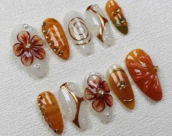 Blommiga höstnaglar, höstnagelkonst, vintageblommiga naglar, 3D-nagelkonst, handgjorda pressnaglar