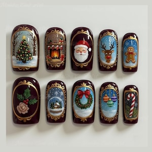 May include: Set of ten burgundy-colored artificial nails with gold trim, each featuring a different Christmas-themed design. Designs include a Christmas tree, Santa Claus, a reindeer, a gingerbread man, and a candy cane.