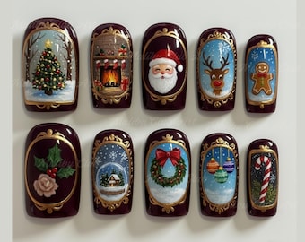 Vintage Christmas Nails, Gingerbread Nails, Cute Xmas Plaid Nails, Winter Holiday Nail Art, Santa nail art, Reindeer Nails