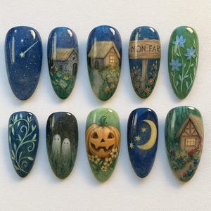 May include: Ten painted fingernails with various miniature landscape and celestial designs. The designs include a starry night, a cottage, a sign that says "MON FAR", a pumpkin, and a crescent moon.