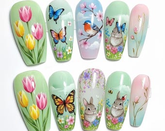 Pastel Spring Floral Press On Nails, Hand Painted Tulips Bunny Bird Butterfly Nails, Soft Green Pink Nature Nails, Cute Almond Summer Nails