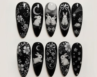 Midnight Moon Bunny Press On Nails, Black White Gothic Rabbit Nail Art, Celestial Floral Hand Painted Nails, Dark Fairycore Almond Nails