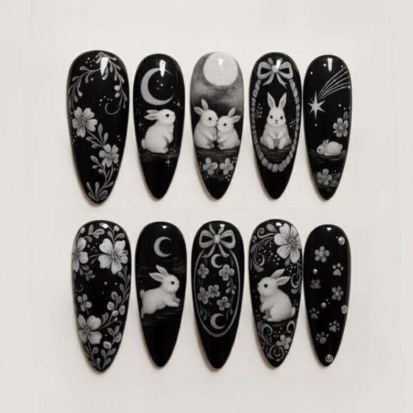 Midnight Moon Bunny pers op nagels, zwart-witte gotische konijnennagelkunst, hemelse bloemen handgeschilderde nagels, donkere Fairycore amandelnagels