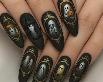 Halloween spookportret spooknagels, schattige spookachtige pers op nagels, spookachtige 3D-nagelkunst, gotische nagels, handgemaakte herbruikbare nepnagels