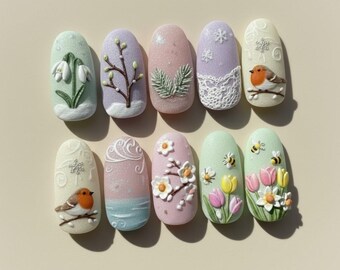 Garden Bird Nail , Floral Nail Design, Cherry Blossom Nail, Fairytale spring morning Nail, Bee Nail, 3D Nail Art