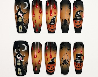 May include: Set of ten Halloween-themed false nails. Designs include a haunted house, dripping blood, a jack-o'-lantern wearing a witch's hat, and a spider with cobwebs. The nails are black with orange and white accents.