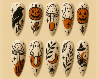 May include: A set of ten almond-shaped false nails with Halloween-themed designs. Each nail features a different design, including a black crow, jack-o'-lanterns, mushrooms, ghosts, and botanical elements in black, orange, and white.