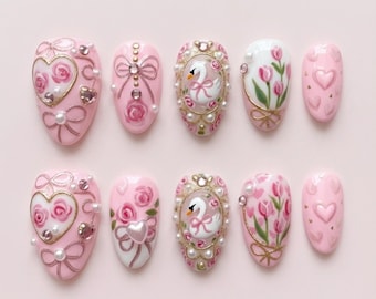 Valentine Pink Swan Press On Nails, Romantic Floral Bow Heart Pearl 3D Nails, Pink Coquette Nail Art, Elegant Nails for Dating, Party