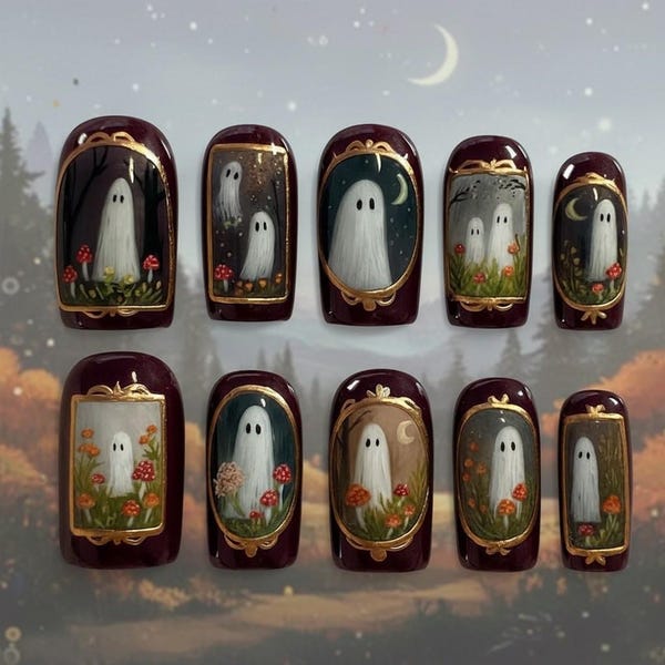 Mushroom Ghost Nail, Spooky Press On Nails, Ghost Garden Nail, Cute Ghostie Nails, Gothic Nails, Handmade Reusable Fake Fingernails