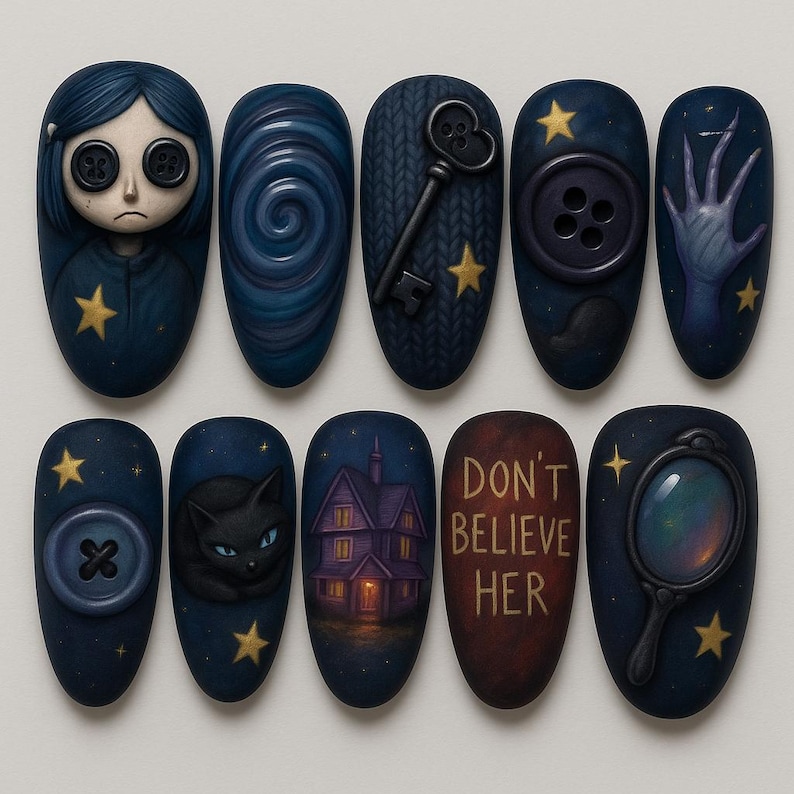 May include: Ten dark blue nail art designs inspired by a fantasy movie. Designs include a character with button eyes, a key, a black cat, a house, a button, a hand, a mirror, and the text "DON'T BELIEVE HER."