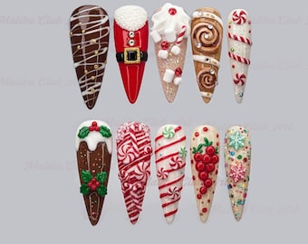 Christmas Press On Nails, Ice Cream Nails, Trendy Brown Holiday Nails, 3D Candy Cane Snowflake Nail Art, Festive Long Stiletto Xmas Nails