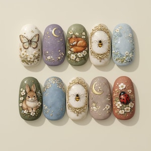 Pode incluir: Uma coleção de dez designs de unhas ovais. Cada unha apresenta uma pintura em miniatura única, incluindo uma borboleta, lua, raposa, abelha, coelho e joaninha, todos rodeados por elementos florais. A paleta de cores inclui tons pastel e terrosos.
