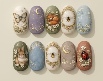 Arte de uñas con cuento de hadas del bosque encantado, set de uñas con bosque de ensueño, arte de uñas 3D con jardín a la luz de la luna