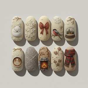 May include: A set of ten artificial nails with winter-themed designs. Each nail features a different design, including a sleeping fox, a snowflake, a bow, a bird, a snow globe, a coffee cup, a textured surface, a fireplace, leaves, and a scarf.