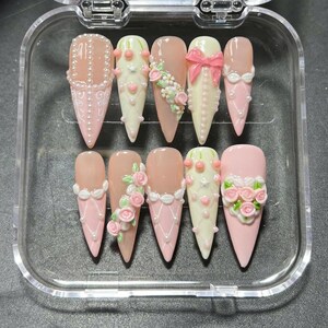 Valentine Cherry Pink Press On Nails, Romantic Floral Bow Heart Pearl 3D Nails, Pink Coquette Nail Art, Elegant Nails for Dating, Party image 3