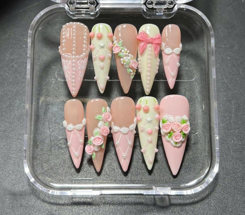 Valentine Cherry Pink Press On Nails, Romantic Floral Bow Heart Pearl 3D Nails, Pink Coquette Nail Art, Elegant Nails for Dating, Party image 3