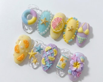 Uñas postizas de verano en tonos pastel, set de uñas con flotador de piscina y bikini de estrella de mar 3D con cítricos, lindo diseño de uñas para vacaciones