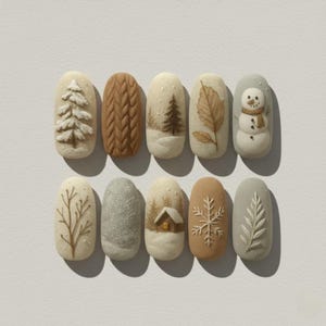 May include: A collection of ten oval-shaped nail art designs. The designs feature winter-themed elements such as a snowman, a snowflake, a tree, a leaf, and a cable knit pattern. The color palette includes beige, brown, and gray tones.