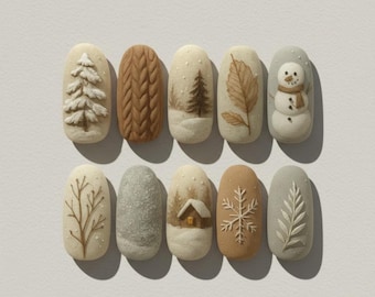 Cozy Winter Press On Nails, Snowflakes Christmas Tree Nail Art, Elegant Holiday Nails, Fake Nails for Holiday Party, Christmas Vibe Nails