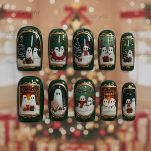 May include: Set of ten green press-on nails with gold trim, featuring festive ghost designs. Each nail showcases a different holiday scene, including Christmas trees, gifts, and ghosts in winter attire. The text "Malibu Club Art" is visible.