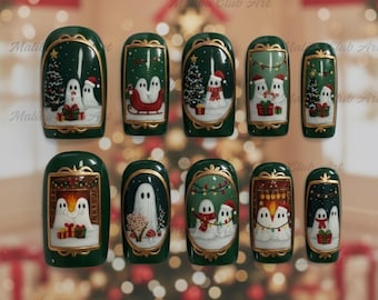 Spooky Cute Christmas Ghosts Nails, Ghostie Santa Christmas Press On Nails, Scary Christmas Nails, Holiday Red Nails, Cute Xmas Nail Set