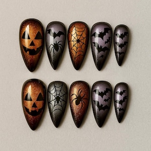 Halloween Cat Eye Press On Nails, 3D Nail Art, Halloween Party, Glitter Press-On Nails with Witch, Gothic Nails Art, Spooky Season