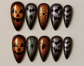 Paznokcie do naprasowania w kształcie kociego oka na Halloween, zdobienie paznokci 3D, impreza halloweenowa, brokatowe paznokcie do naprasowania z motywem czarownicy, gotyckie zdobienie paznokci, upiorny sezon