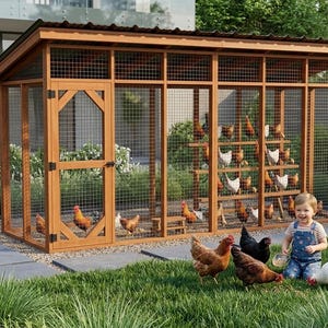 May include: A wooden chicken coop with wire mesh sides and a sloped roof. Chickens are inside and outside the coop. A young child in overalls is in the grass with the chickens.