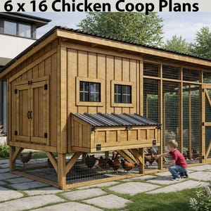 Nuevo gallinero moderno con corral (2026) - Gallinero de patio (6x16) (Plano PDF) 15 pollos