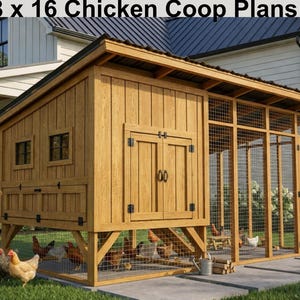 May include: A wooden chicken coop, approximately 2.44m by 4.88m, with a gabled roof and wire mesh enclosure. The coop has a door and windows. Chickens are visible inside, with a child in the foreground. Text on top says "8 x 16 Chicken Coop Plans".