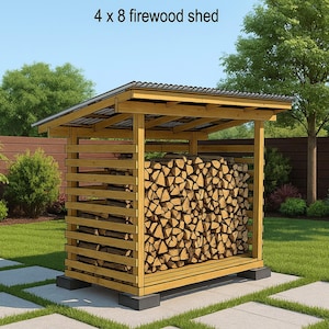 New 2025 4x8 Firewood Shed Plans - Build Firewood Storage Garden - DIY Firewood Rack Outdoor -2 Cord Wood Shed DIY Plans
