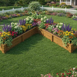 May include: A vibrant garden with two L-shaped wooden raised beds filled with colorful flowers. The beds are set on a green lawn, bordered by a white picket fence and additional flower beds, creating a picturesque landscape.