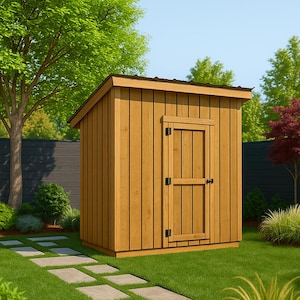 May include: A wooden 4 x 8 lean-to shed with a single door, set in a garden with a stone pathway. The shed is constructed of vertical wooden planks and has a dark roof. The text "4 x 8 lean to shed" is at the top.