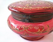 Antique Cranberry Powder or Dresser Glass Box with Enameled Scroll Floral Design